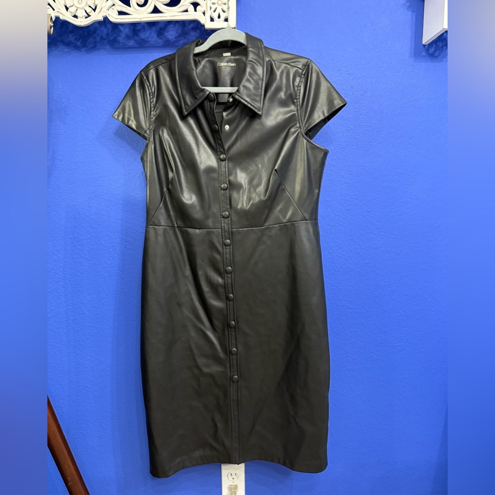 Calvin Klein faux leather Black Button-Down Dress